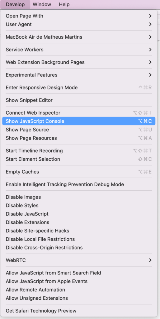 The develop menu for the Safari browser