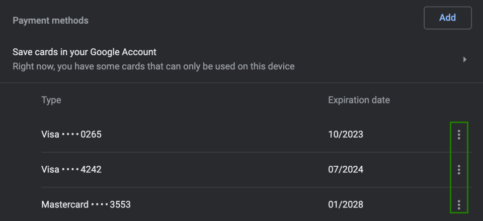 a few credit cards saved on Google Chrome
