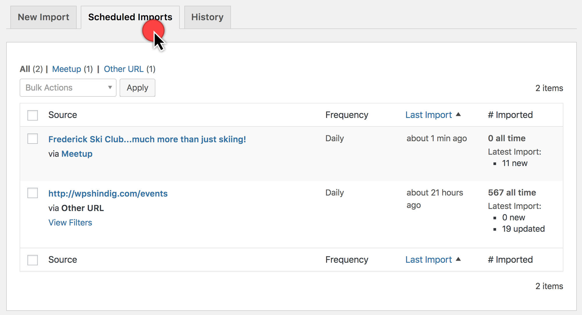 The Scheduled Imports tab at Events > Import