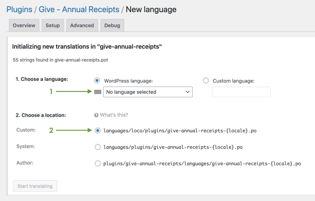 Language and translation folder selection