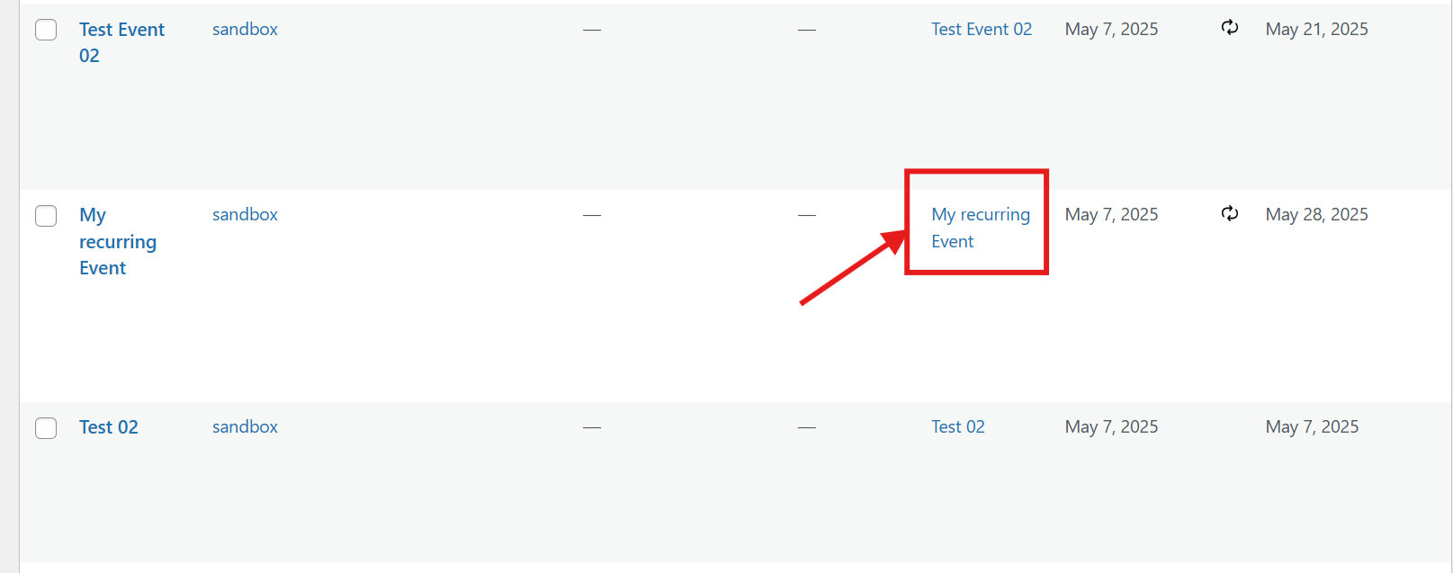 The Series link visible in the recurring event editor