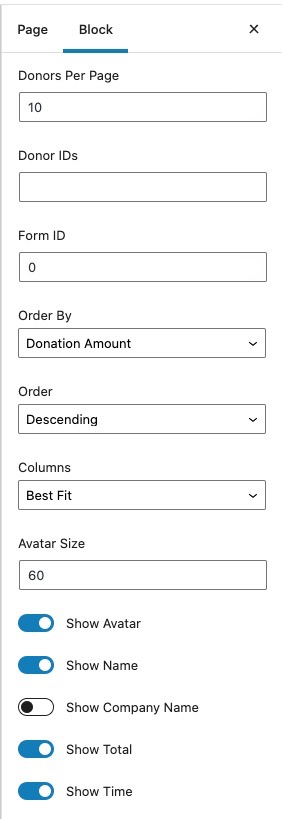 The settings for the GiveWP Leaderboard using the Donor Wall Block