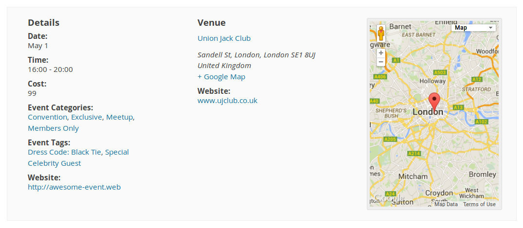 The single event meta details area showing Website, Event Categories, and Event Tags labels