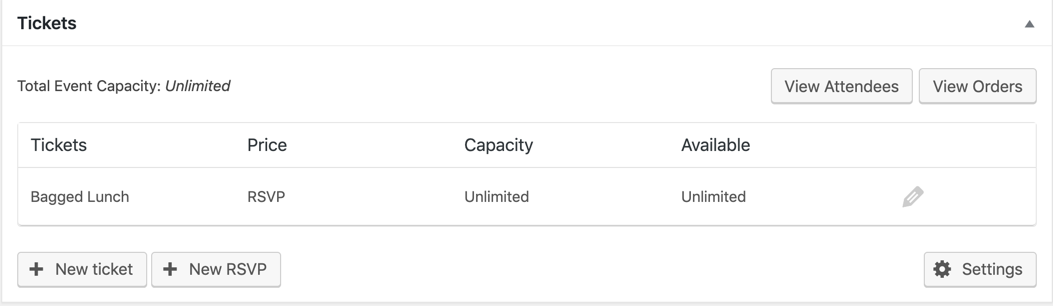 a list of RSVP tickets in the backend of WordPress