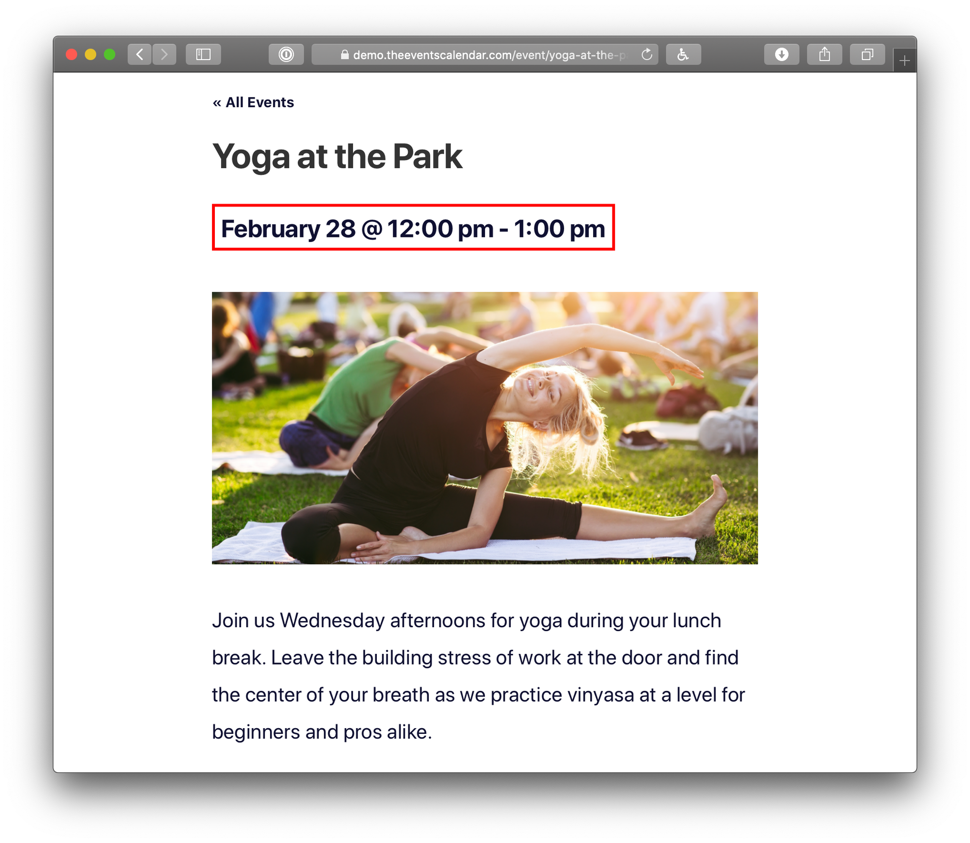 An event showing both start time and end time