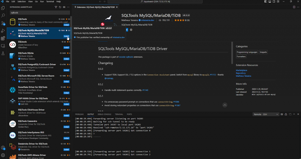 How to connect to MySQL using SQLTools in VSCode — search for "SQLTools MySQL/MariaDB/TiDB" and click Install.