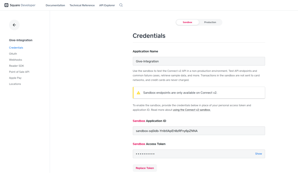 square credentials settings