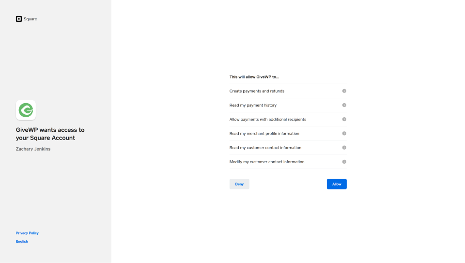 permissions requested by Square Gateway 