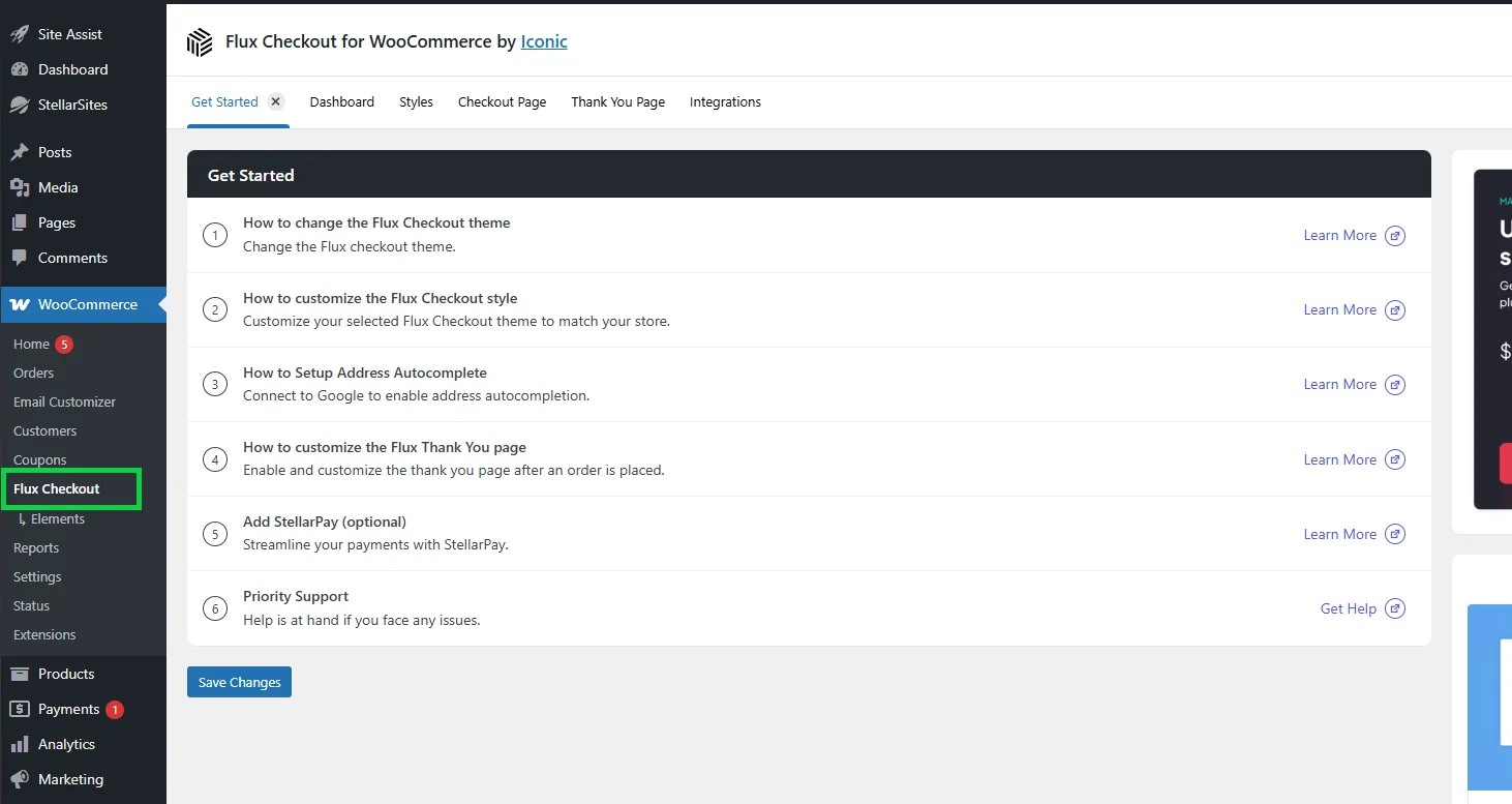 Screenshot of the Flux Checkout for WooCommerce plugin interface by Iconic, showing the Get Started page with options like changing the theme, customizing style, setting up address autocomplete, and adding StellarPay. The sidebar menu includes links for WooCommerce, Products, Payments, Analytics, and Marketing.