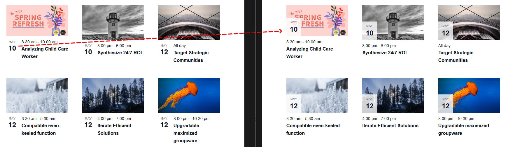 Before and after showing the date tag moved from beside the photo to overlaid on the image