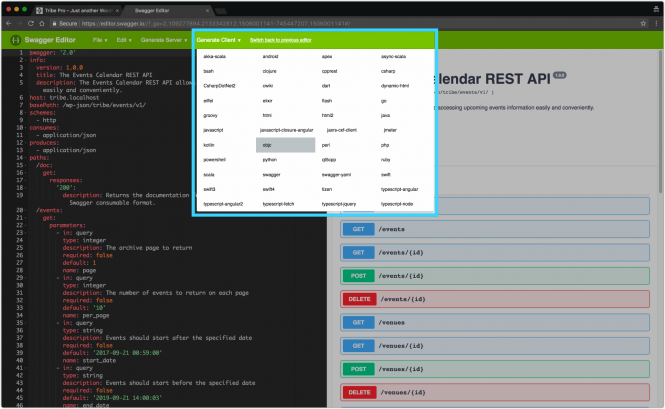 The Generate Client menu in the Swagger.io editor