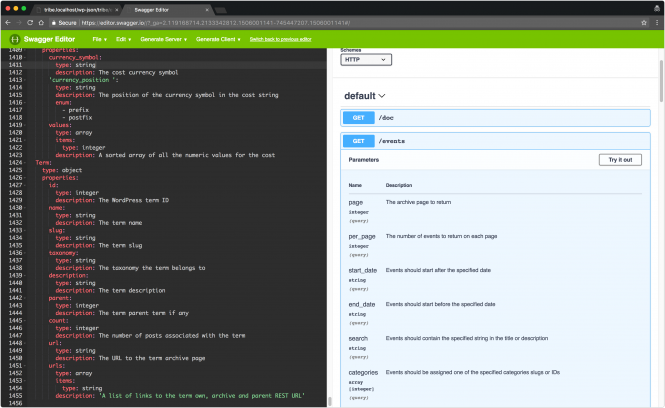 A second view of the Swagger.io documentation output for the TEC REST API