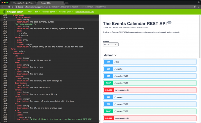 The Events Calendar REST API documentation rendered in the Swagger.io editor