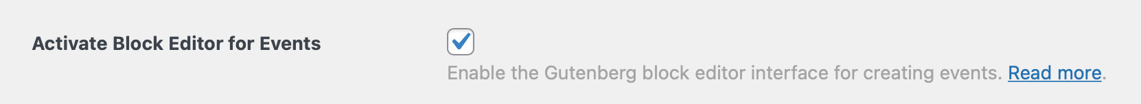 The Events Calendar General settings screen with the Block Editor option unchecked