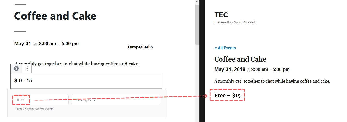 An event showing 'Free' as the displayed ticket cost