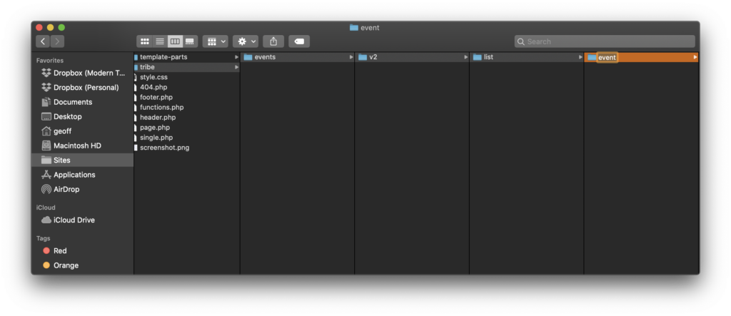 The theme directory showing the newly created tribe/events/v2/list/event/ folder