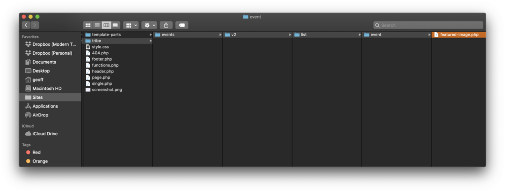 The theme folder now containing the copied featured-image.php at the correct path