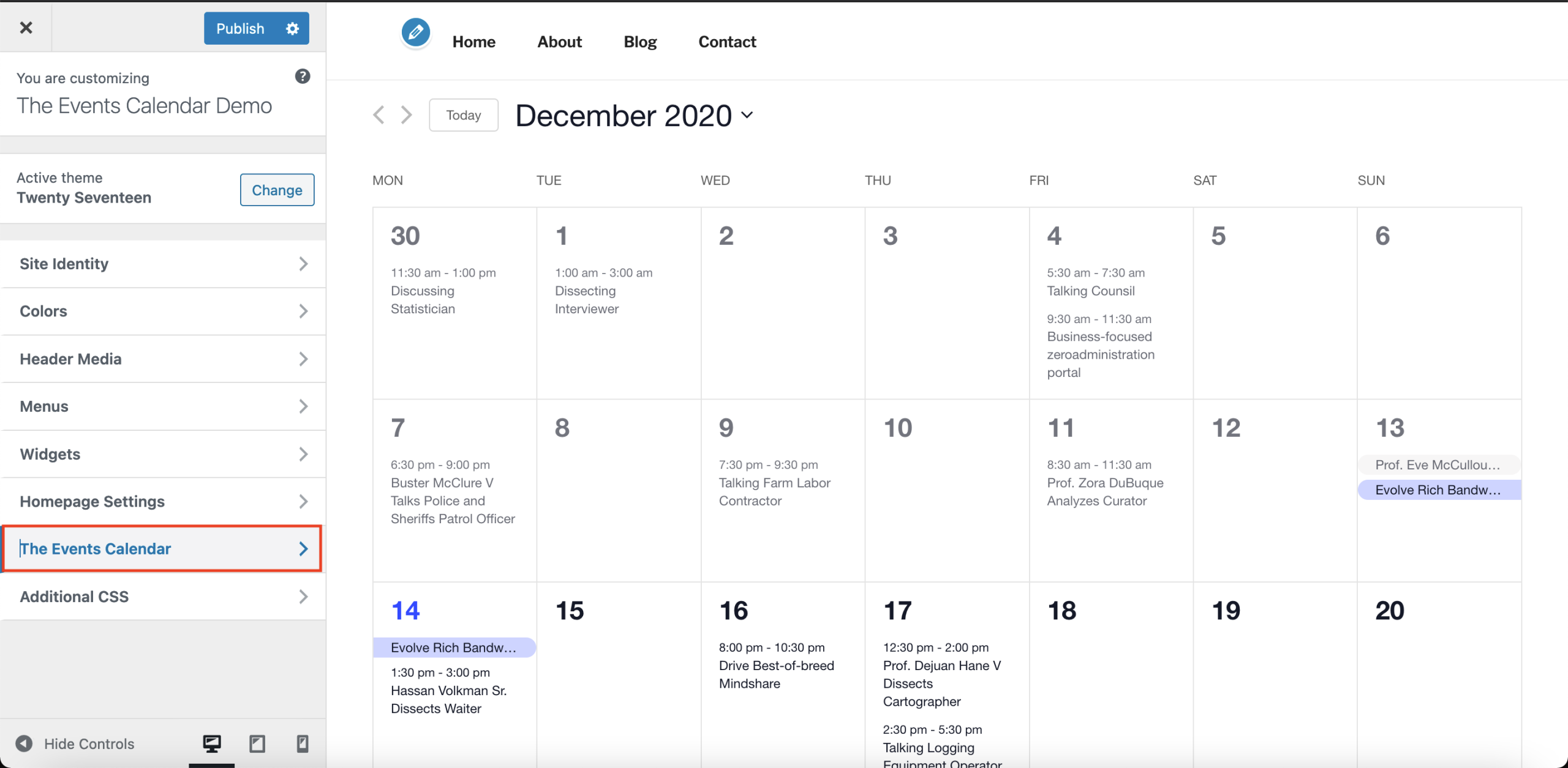 the events calendar wordpress customizer