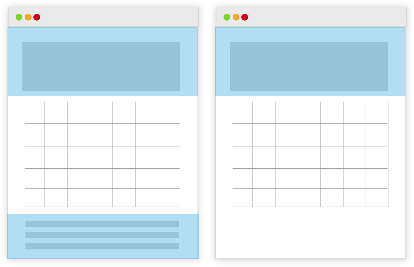 Diagram illustrating how the same calendar can appear differently depending on whether Default Page Template (left) or Default Events Template (right) is selected. Blue represents regions controlled by the theme.