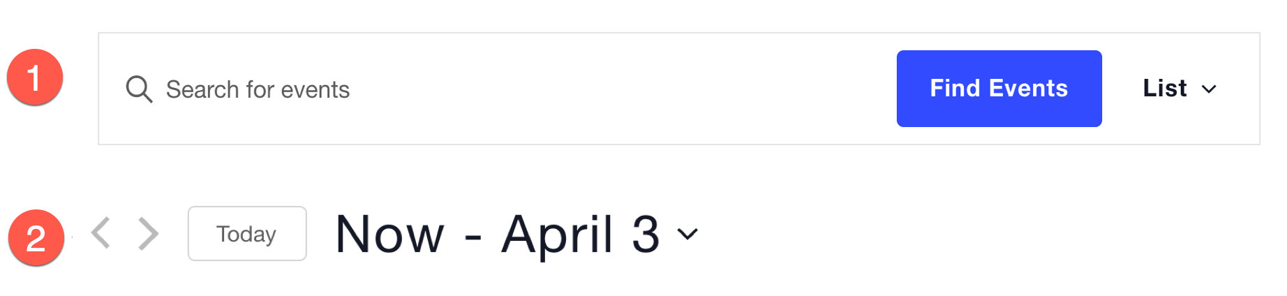 The calendar header showing the Events Bar with keyword search and view switcher above the pagination row