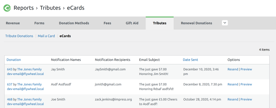 Tributes Reporting section for ecard