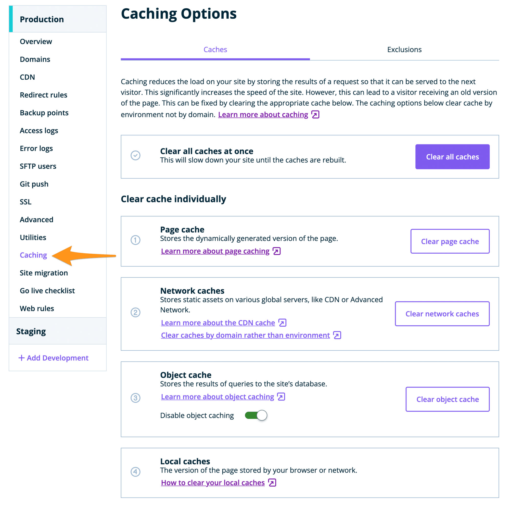 WP Engine User Portal - Caching menu