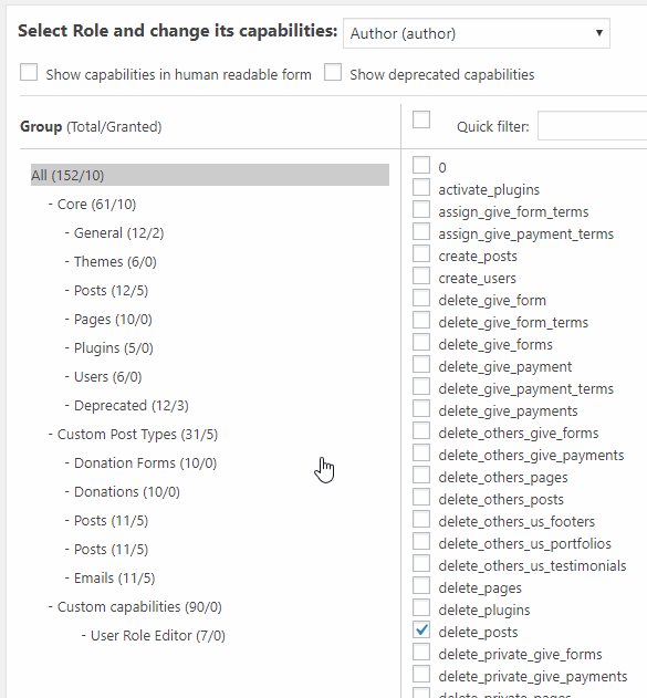 gif showing how to add or remove capabilities to an existing user role.