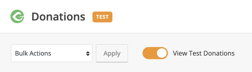 top of the donations list showing the View Test Donations toggle