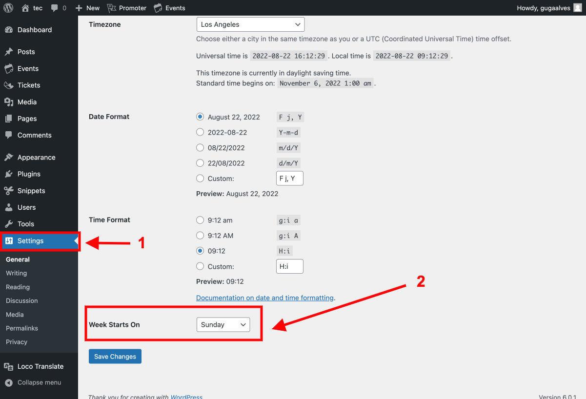 The Week Starts On dropdown in WordPress General Settings