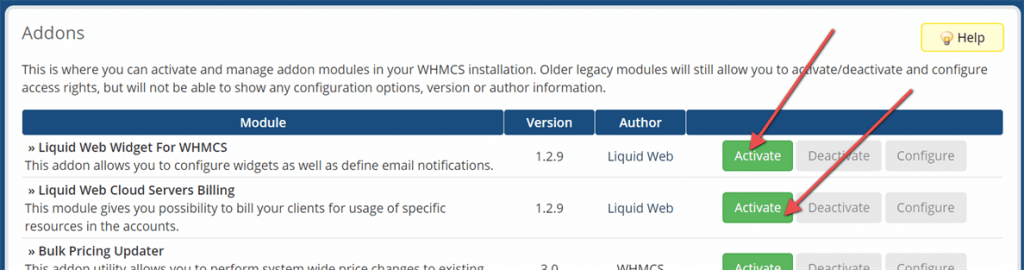 Activate 'Liquid Web Storm Servers Billing' and 'Liquid Web Widget for WHMCS'