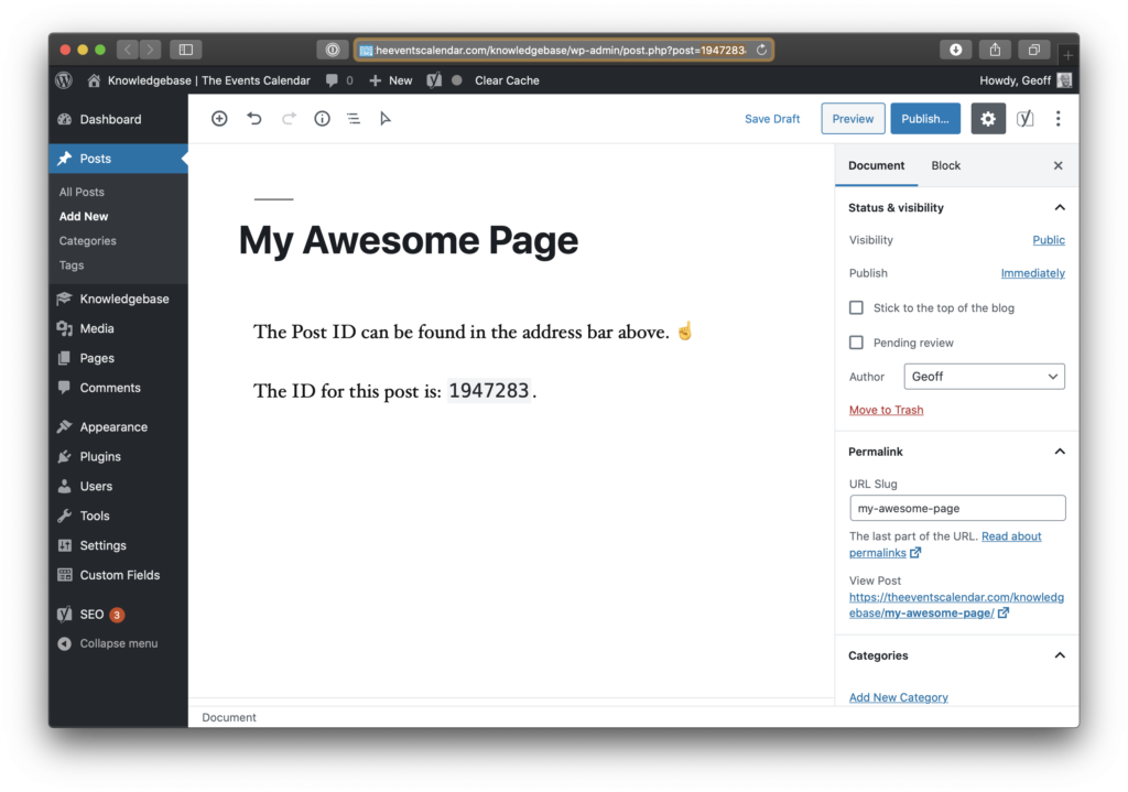 The WordPress block editor with the page ID highlighted in the browser's address bar