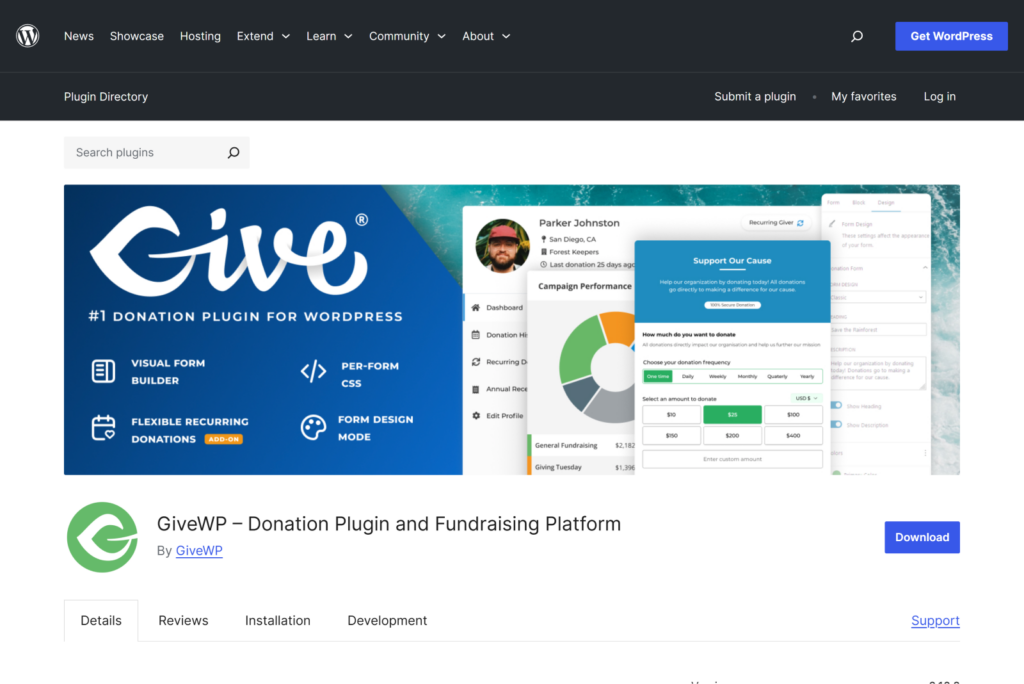 The GiveWP plugin page on wordpress.org with the "Download" button prominent under the banner to the right.