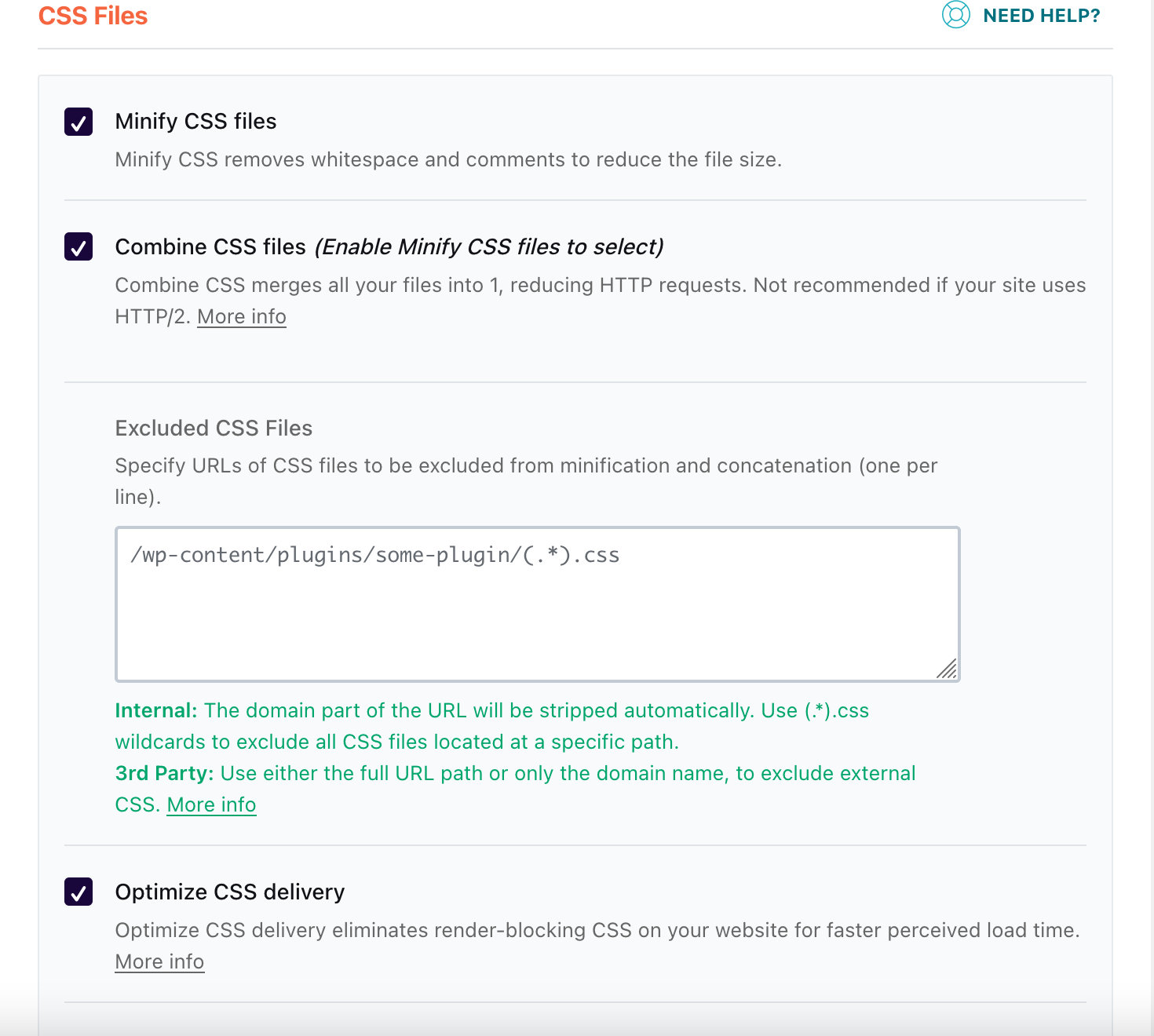 WP Rocket File Optimization - Excluded CSS Files textarea