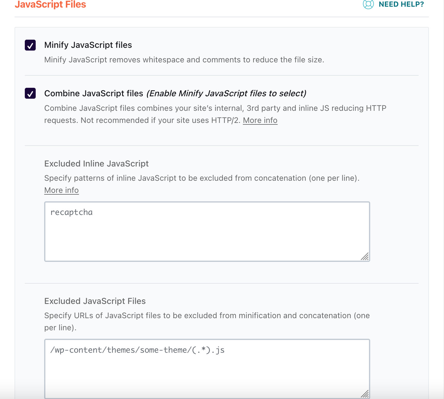 WP Rocket File Optimization - Excluded JavaScript Files textarea