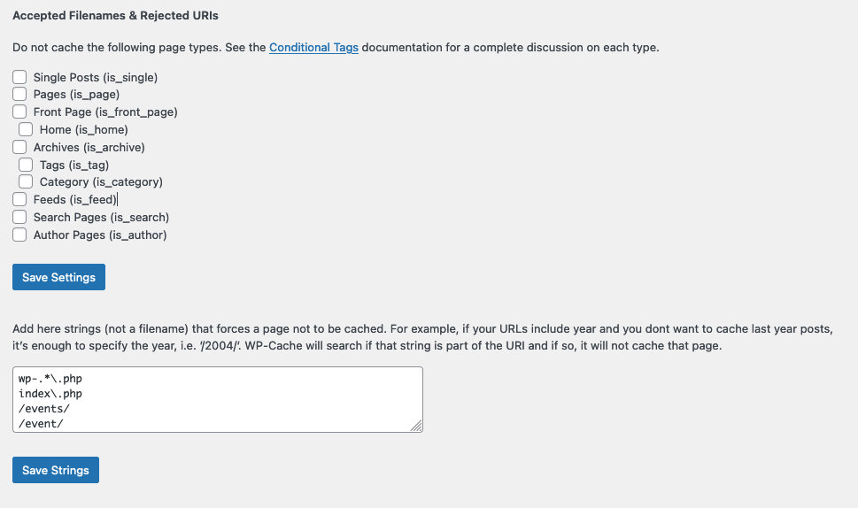 WP Super Cache Advanced settings showing Accepted Filenames and Rejected URIs textarea