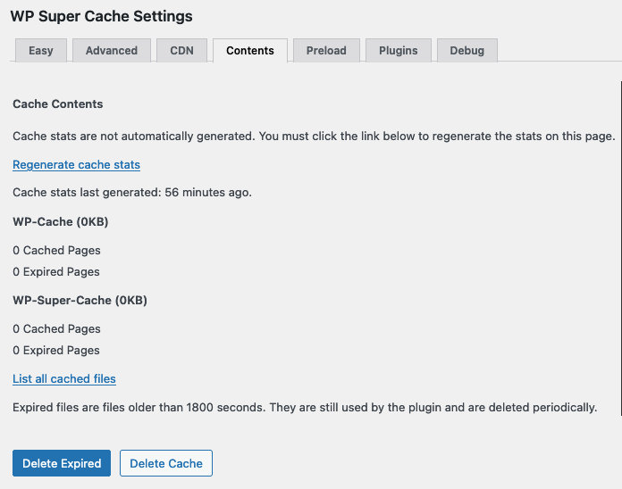 WP Super Cache Contents tab showing Delete Expired and Delete Cache buttons