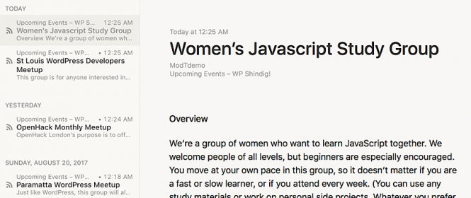 Example of an events RSS feed as seen in a feed reader application