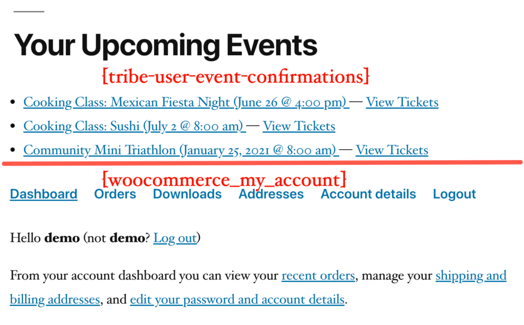 A list of upcoming event confirmations on a My Account page