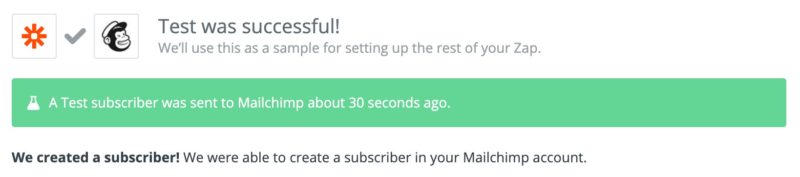 Mailchimp action test successful message