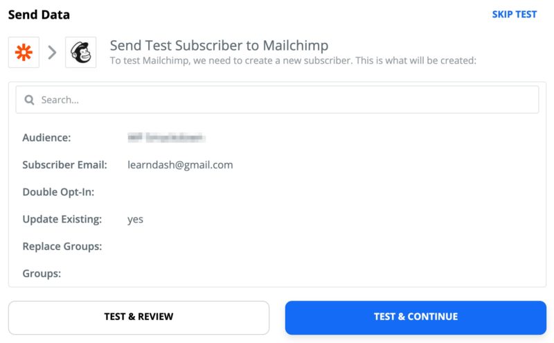 Test data for the final action step in Zapier