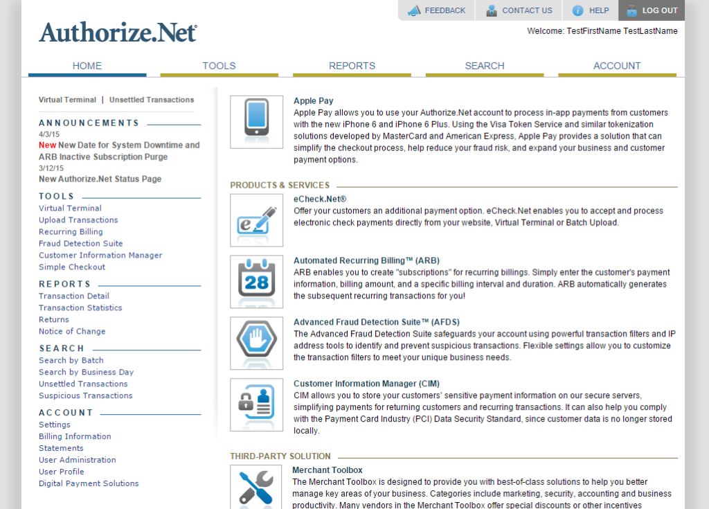 Authorize.net Dashboard