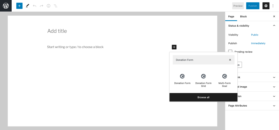 The process of adding a form block using GiveWP