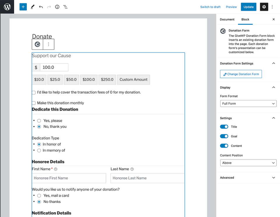 Displayed Legacy GiveWP Form within Block