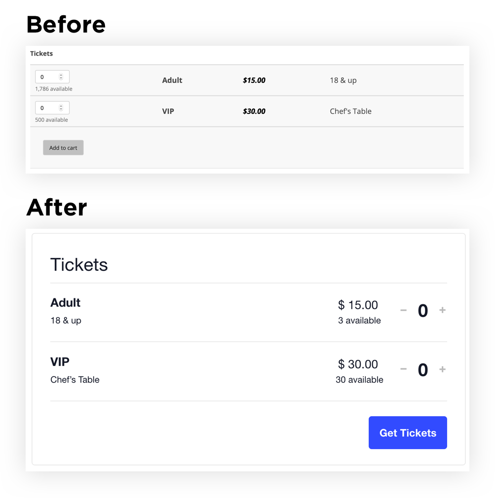 Showing the existing ticket design next to the new design.