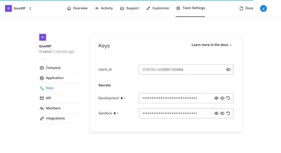 screenshot of the Plaid dashboard showing the Keys interface, with client_id as well as development and Sandbox secrets.
