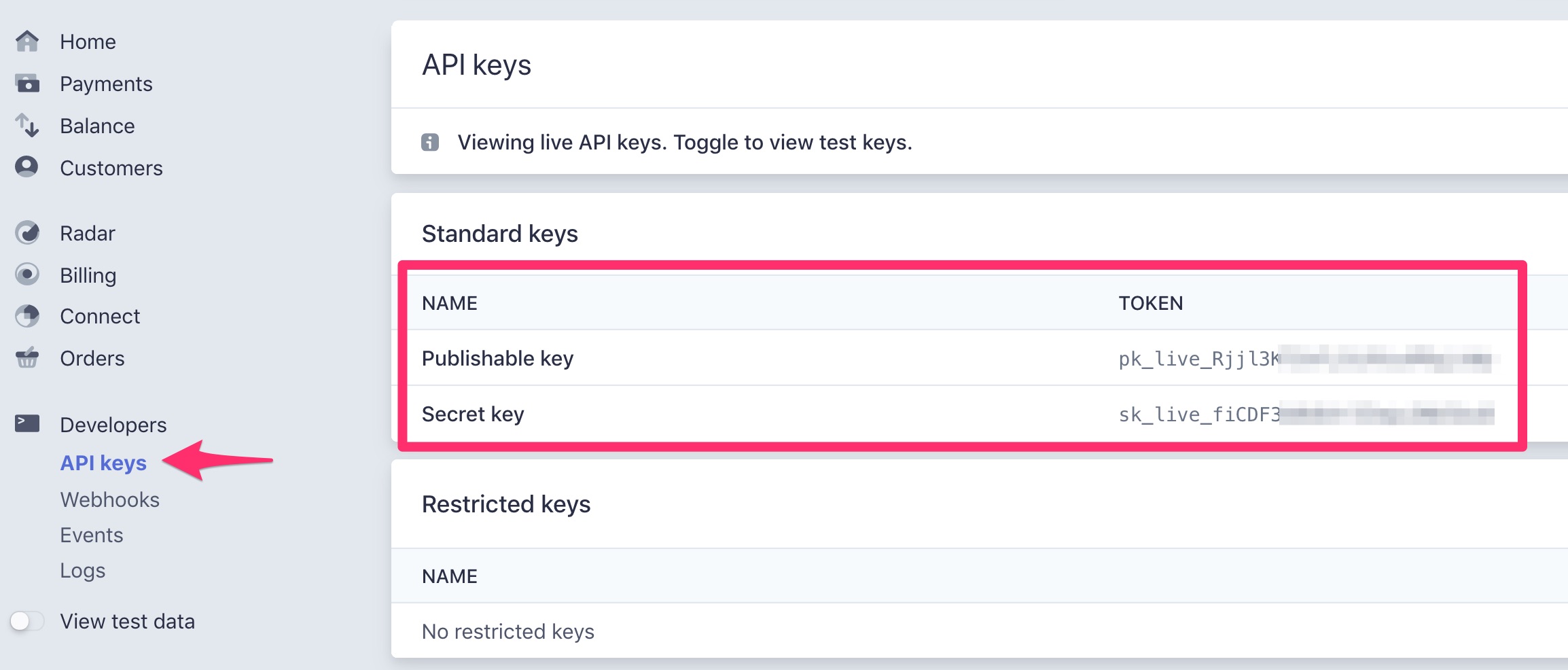 Find Stripe API keys, Live Mode
