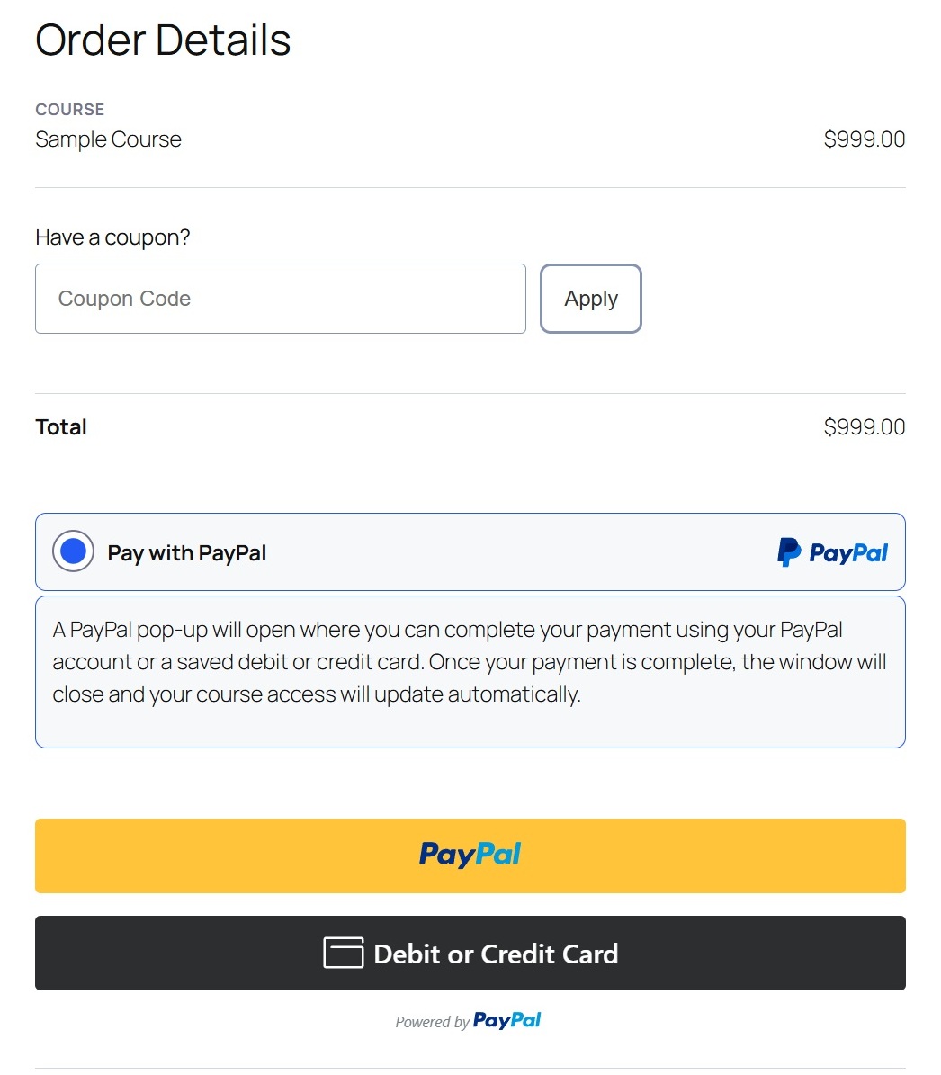 LearnDash purchase page to apply Coupon code