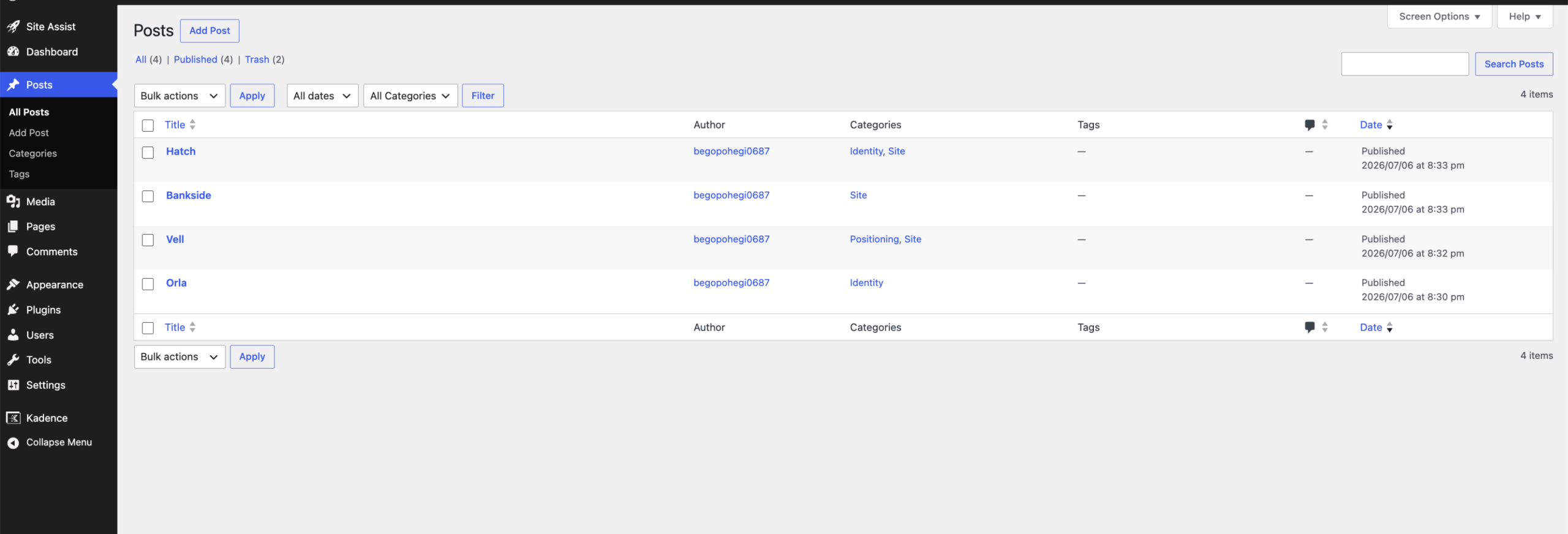 WordPress Dashboard Posts Screen