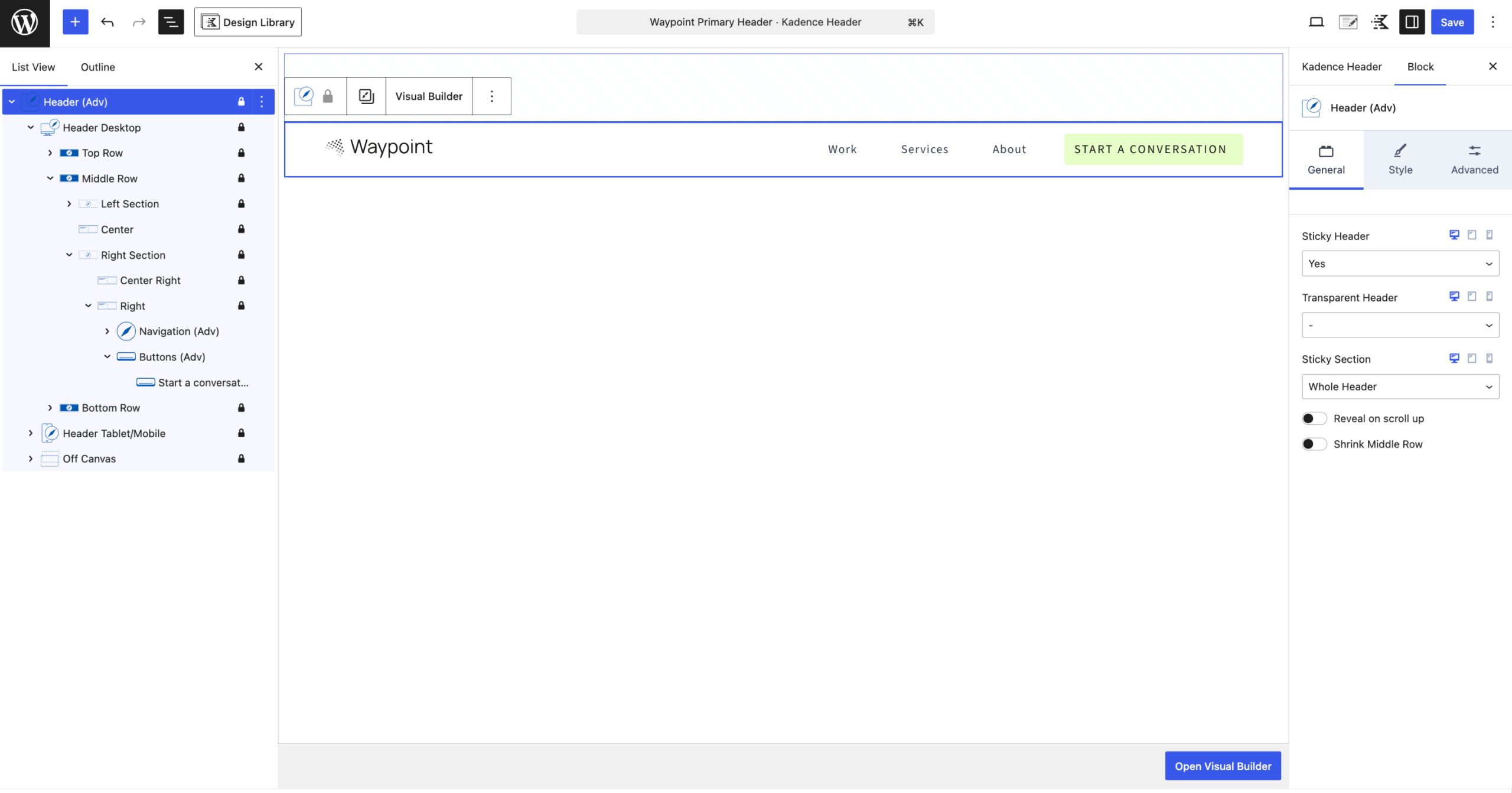 A visual screenshot of the advanced header transparent/sticky block settings.